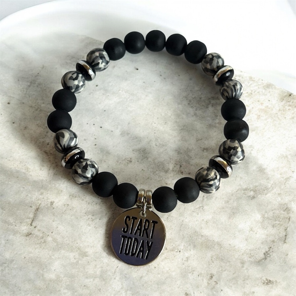 Black and Gray Beaded Bracelet with Inspirational Charm